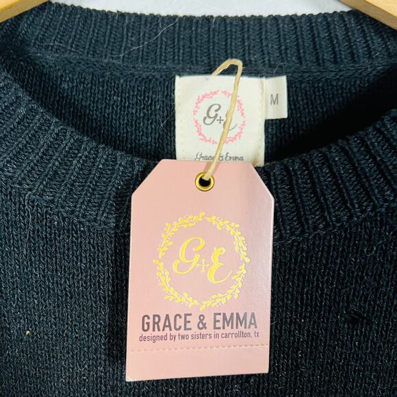 Grace & Emma Crewneck Sweater Knit Casual Long Sleeve Black Tan - M - Picture 4 of 6